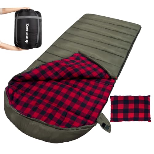Keencamp 0 Degree Sleeping Bag Cotton Flannel Winter Cold Weather for Adults XXL Sleeping Bag 4 Season Big and Tall with Pillow Compression Sack