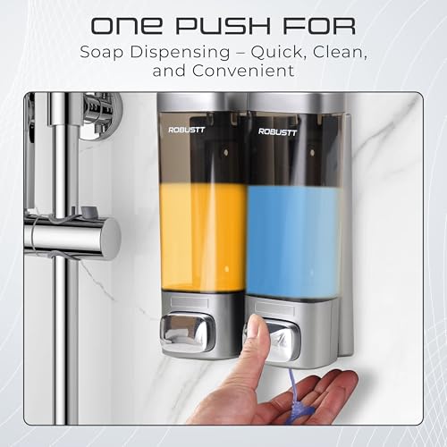 Image of Robustt Wall Mount Dual Soap Dispenser 2 x 200 ML - Chrome (with Adhesive Hooks) | Gel Conditioner Shampoo Body Wash Dispenser - Ideal Design for Bathroom, Kitchen, Hotels, Malls (Pack of 1)