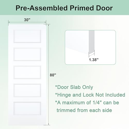 Image of JUBEST 30 inchx80 inch 5-Panel Shaker Style White Primed Hollow Core Interior Molded Door Slab, NOT Pre-drilled and NOT Included Hardware, Pre-Assembled Interior Door for Pantry, Laundry, Closet