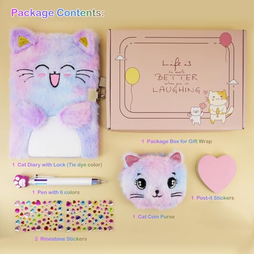 PJDRLLC Cat Diary with Lock, Gift for 6 7 8 Year Old Girl, Secret Diary Journal Notebook with Coin Purse, Multicolored Pen, Post-it Note, Stickers, Practical Gift for Birthday (A Happy Cat) by PJDRLLC - Image 4