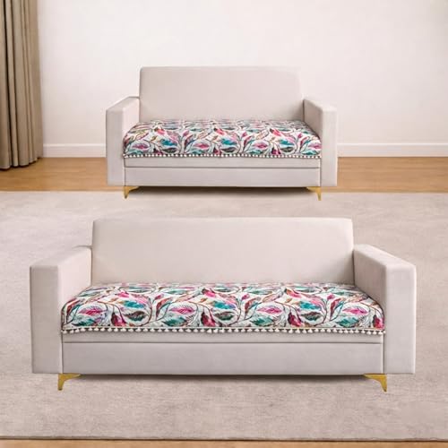 Image of Homerz Premium Printed Quilted Velvet Sofa Slip Cover Protector with Tassels, Sofa Mat, Exact Size, Antislip Cover (Multileaf, 5 (3+2) Seater, Half)