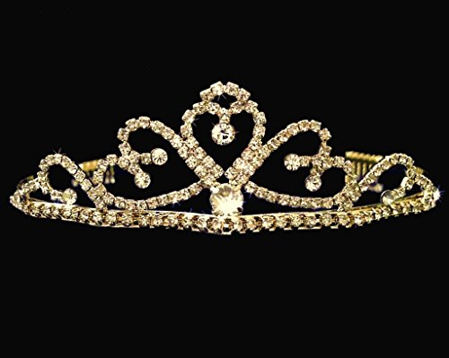 SC Gold Bridal Wedding Tiara With Heart and Round Crystal Drop 60695
