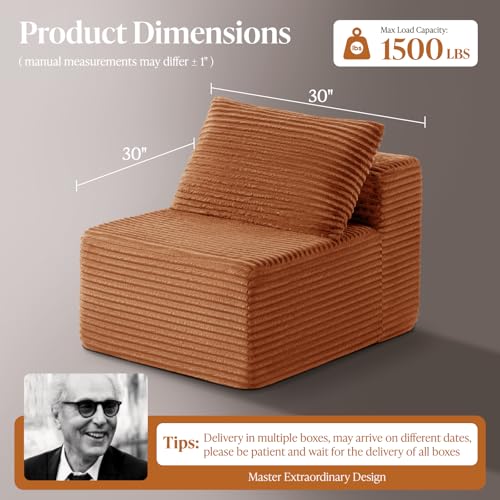 Image of 30 inch Cloud Sectional Couch Single Seat for Living Room, Extra Deep Seats No Assembly, Minimalist Modular Couch, Corduroy (Deep Orange, Single Seat)
