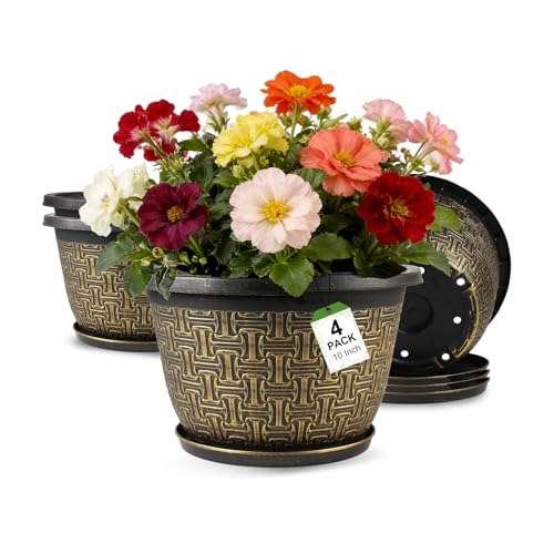 Nooulap 10 Inch Plant Pots, 4 Pack Flower Pots Outdoor...
