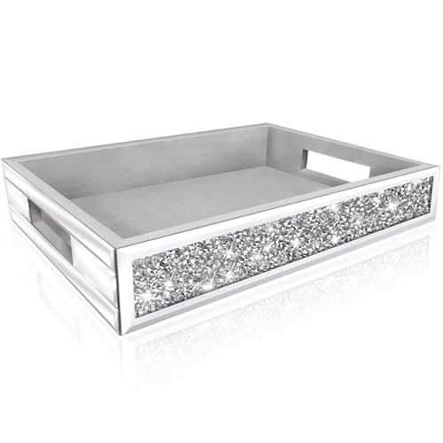 Wocred Mirror Perfume Tray fits Dresser Bedroom,Crushed Diamond Bathroom Tray with Handles，Vanity Tray,Decorative Serving Tray for Coffee Table Decor(14”x 10”x 2.5”)