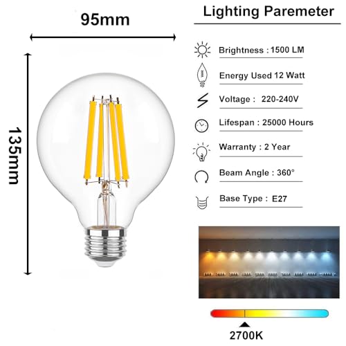 LED Filament Bulb G95 (φ95mm) 12W Super Bright 1500LM Super Bright Decorative Large Globe, E27 Screw Base, Warm White 2700K - Image 2