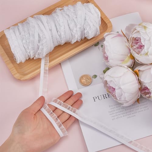 GORGECRAFT 50 Yards Elastic Ruffle Lace Trim 1.5cm Chiffon Pleated Stretch Ribbon Frilly Lace Fabric Gathered Edging Trimming for Hair Tie Headband Lingerie Underwear Sewing Crafts Home Decor White - Image 3