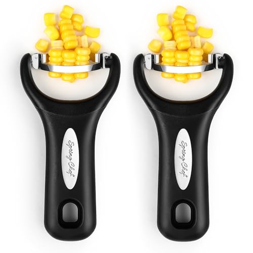 Spring Chef Stainless Steel Corn Peeler – Corn on the Cob Stripper Tool – Durable & Efficient Kernel Remover Tool – Easy to Use Kernel Cutter - Dishwasher Safe Kitchen Gadget - Set of 2 - Black
