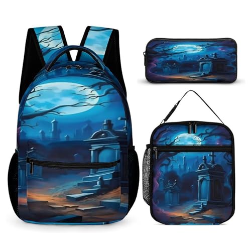 3Pcs Backpack Sets Moonlit Cemetery Print Travel Daypack 3 in 1 Lightweight Backpack Set with Lunch Bag And Cosmetic Bag