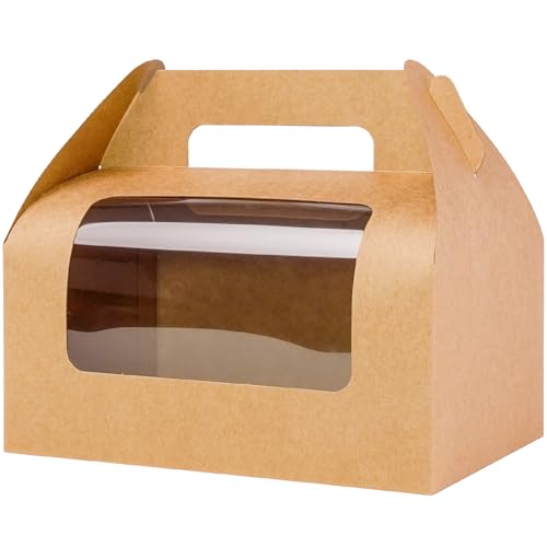 UnicoPak 30 Pack 9x6x6 Large Windowed Gable Boxes Disposable Lunch Box Brown Gift Boxes with Handles To Go for Treat Lunch Birthday Wedding Party Favors Picnic Christmas