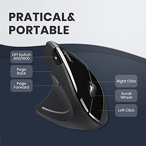 Perixx Perimice-713L, Wireless Ergonomic Left Handed Vertical Mouse, 6 Buttons Design, 3 Level Dpi, Black #TOP2