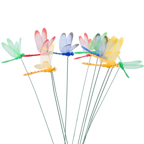 NiuLumea Lot de 10 piquets de jardin en forme de libellule pour cour extérieure, pot de fleurs, lit et décoration de plantes, PVC imperméable, ailes mobiles du vent, couleurs aléatoires