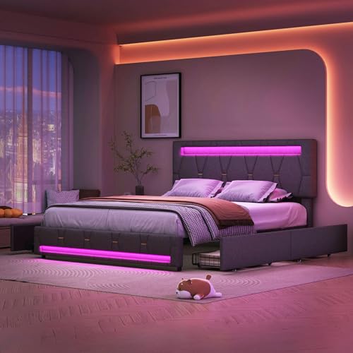 Lit Double 140x200 avec Éclairage LED Pilotable par App, Cadre de Lit Rembourré avec 4 Tiroirs de Rangement, Tête de Lit Réglable en Hauteur, Structure en...