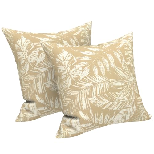 LVTXIII Outdoor Throw Pillows 16x16 Inch, Set of 2 Square Decorative Pillows with Inserts for Patio Furniture, Porch Chair, Garden Sofa, Tropical Leaf Oat