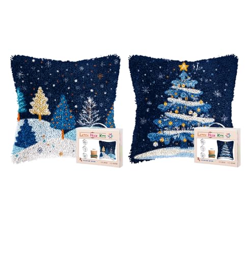 2 Pack DIY Latch Hook Pillow Kits for Adults Merry Christmas Winter Snow Pine Tree Pillow Cover Printed Pillowcase Crochet Yarns Hooking Handmade Cushion for Home Sofa Decoration 17x17inch