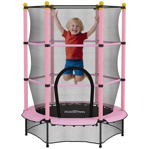 HOMCOM Trampoline Enfant Ø 1,40 × 1,90H m Filet de sécurité Porte zipée Couvre-Ressorts 6 poteaux rembourrés Inclus Rose
