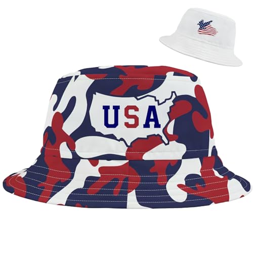 Patriotic USA Bucket Hat for Women Men Novelty 4th of July American Flag Reversible Fishing Sun Hat White Outdoor Hiking Hat