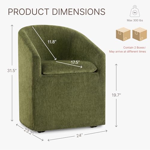 Image of KISLOT Upholstered Dining Chairs with Casters, Washable Cover Modern Dining Room Chairs with Barrel Backrest & Dual Armrest for Kitchen, Living Room, Bedroom, Green Fabric, 2PCS