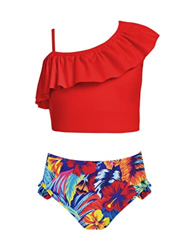 Arshiner Ragazze Bikini Tankini Costume da Bagno con Stampa Floreale per Bambini Due Pezzi Hawaiano da Spiaggia Costume da Bagno Piscina Sport Acquatici Costume da Bagno Rosso 6-7 Anni
