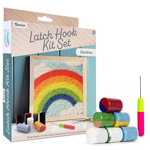 Image of Darice Latch Hook Rug Kit, Rainbow Design DIY Latch Hook Kit for Kids & Adults, Color Canvas, PreCut Yarn & Hook Tool, Craft Activity & Gift for Kids