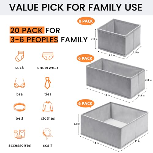 Criusia 20 Pack Drawer Organizer Bins - Grey Fabric Closet Organization and Storage Dividers for Baby Clothes, Adult Socks, Underwear, Bra, etc. - Thumbnail 2