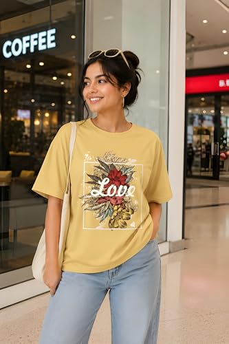 Image of Amazon Brand - Anarva Women Oversized Graphic Printed T Shirt 100% Cotton Drop Shoulder Loose Fit Baggy Casual Tshirt for Girls