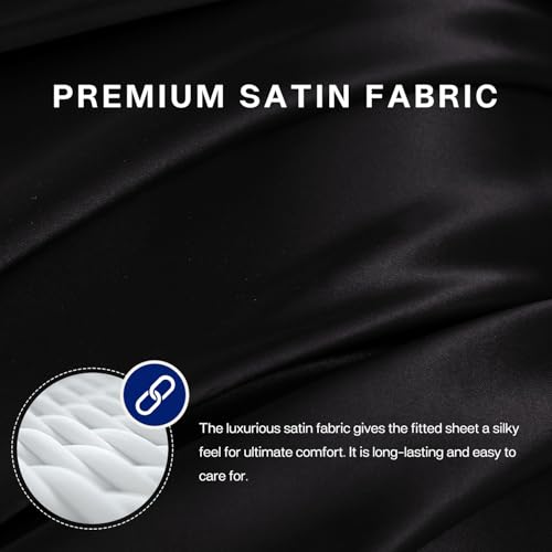 MR&HM Satin Fitted Sheet Queen Size, Silky Bottom Sheet with Elastic Corner Straps, Deep Pocket up to 15 Inch, No More Slipping Off for Mattress - 1 Fitted Sheet Only (Black) - Image 7