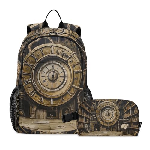 Clock Book Vintage Backpack for School Boys Girls and Teens, Backpack for Men and Women, Lightweight Bookbag with Lunch Box Travel Laptop Daypack 18.5 x 11.8 In