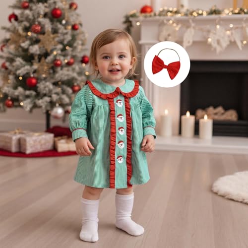 Toddler Baby Girl Christmas Clothes Santa Claus Smock Dress Doll Collar Plaid Green Dresses Headband Christmas Outfit3