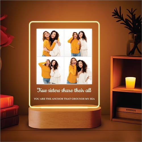 Image of Giftplease Personalised Sister Photo Frame - Custom Acrylic Picture Collage with Wooden LED Base, Unique Raksha Bandhan Gift for Sister, Personalized Keepsake for Rakhi Celebration, Sibling Decor