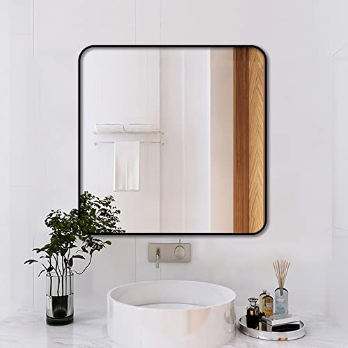 Ledlux 30"X30" Bathroom Wall Mirror With Matte Black Metal Frame & Hd Glass, Large Vanity Mirrors Modern Square Round Corner Framed - Horizontal Or Vertical Installation #TOP4
