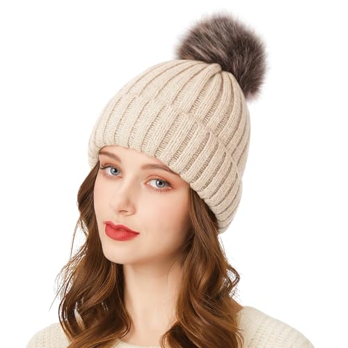 Fnaobai Gorro de Invierno para Mujer, cálido, de Punto, con pompón, para niñas, Suave, Color sólido, Gorro de Nieve para Clima frío y Actividades al Aire Libre, Beige, Talla única