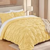 Andency Yellow Pinch Pleat Comforter Queen(90x90Inch), 3 Pieces(1 Pintuck Comforter and 2 Pillowcases) Pintuck Comforter Set, Microfiber All Season Down Alternative Bedding Set