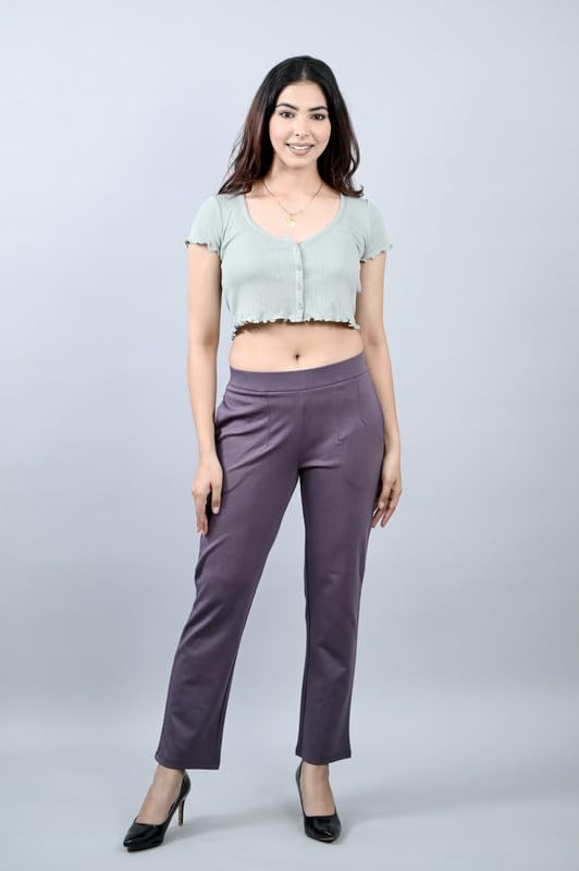 Image of Mlada Straight Fit Cigarette Pencil Pants Elastic Waist Band Mid High Waist Formal Office Trousers for Women, Pockets for Travel Stretch Cotton Knit Full Length Regular /Plus Size