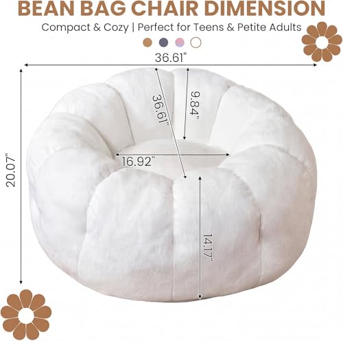 Image of Flower Bean Bag Chair for Teens and Young Adults, Soft Faux Fur Floor Seating with Memory Foam, Aesthetic Room Decor Cozy Lounger for College Dorm, White
