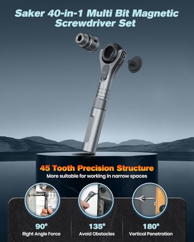 Image of Saker Upgraded Magnetic Screwdriver Set: 40-in-1 Ratchet Screwdriver Tool Kit with 180 Ball-Joint Handle - Portable S2 Bits Precision Repair Tool Set for Computer Phone Watch Camera Bike