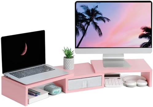 Amazon.com: TEAMIX Pink Dual Monitor Stand Riser with Drawer - Length ...