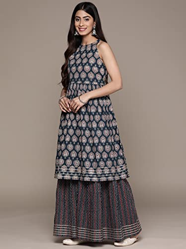 Image of ishin Women's Pure Cotton Maroon Abstract Printed A-Line Kurta suit set with Sharara & Dupatta