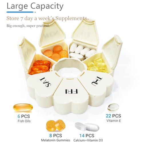 Image of MOLN HYMY Large Weekly Pill Box 7 Day, Cute Pill Case Organizer 1 time a Day, Floral Pill Container Once Daily, Pretty Medicine Dispenser for Vitamin /Fish Oil /Medication /Supplements (Milky White)
