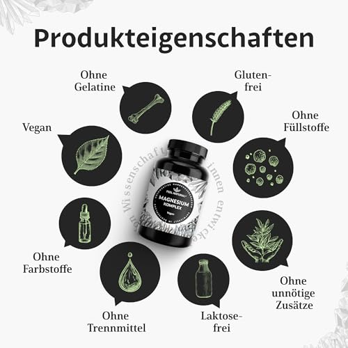 Magnesium Komplex – 180 Kapseln mit 400mg elementarem Magnesium pro Tagesdosis – aus 4 hochwertigen Verbindungen: -Oxid, Citrat, Bisglycinat & -Malat – hochdosiert