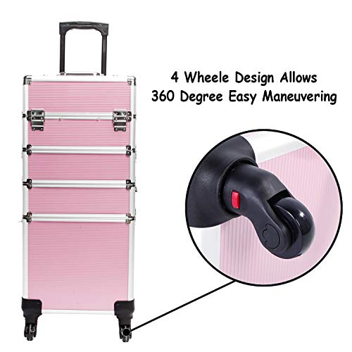 Professional Makeup Case with Wheels, 4 in 1 Aluminum Rolling Makeup Train Case Trolley Cosmetic Organizer Travel Brush Bag Holder with DIY Adjustable Divider & Key Lock