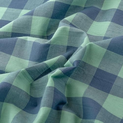 Image of mixinni Green Gingham Grid Duvet Cover Queen, 100% Washed Cotton Modern Geometric Bedding Set with 2 Pillowcases, Farmhouse Style Blue Plaid Comforter Cover Set for Men & Women, Soft & Lightweight