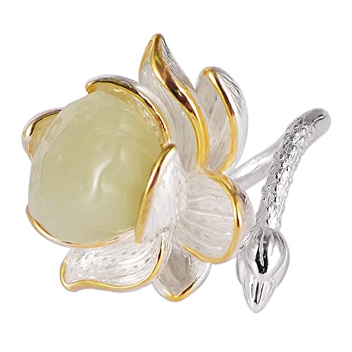 WHZHDMA Women Adjustable S925 Inlay Hetian Yu Liu Gold Novelty Open Finger Ring for Wedding Birthday Party Jewelry