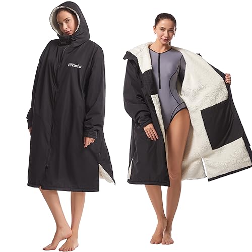 Hiturbo Wasserdichter Bademantel für Erwachsene: winddichter warmer Bademantel, übergroßer Mantel, Surf-Poncho mit Fleecefutter, Schwarz, für Yonth und Erwachsene, Einheitsgröße