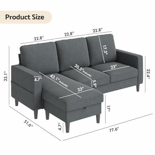 smilesun Convertible Sectional Sofa Couch, L Shaped Couch with Reversible Chaise, 3 Seat Sofa with Storage Ottoman,Modular Couches for Living Room, Small Space (Charcoal Grey 77.6\'\') - Thumbnail 2