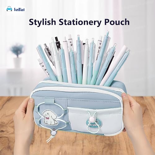 Image of FunBlast Pencil Pouch for Girls - Aesthetic Multi-Compartment Zipper Pouch with Drawstring Pocket, Cute Kawaii Pencil Case, Stylish Stationery Pouch, Return Gift for Kids & School Use (Grey)