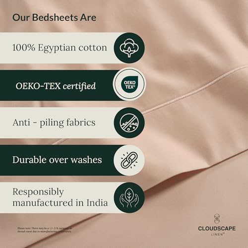 Cloud Scape Linen 100% Egyptian Cotton Sheets for Queen Size Bed, 4 Pieces Bedding Set, Hotel Quality, Silky Soft, Deep Pockets up to 17”, Sepia Rose