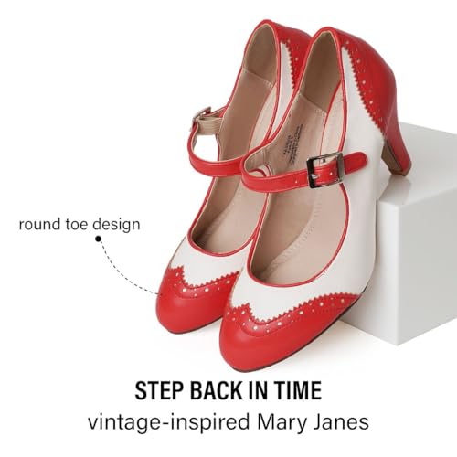 J. Adams Kym Mary Jane Shoes Women Oxford Pumps - Cute Low Kitten High Heels - Retro Vintage Shoes for Women 1950s Mary Janes Round Toe Shoe with Ankle Strap - Thumbnail 6