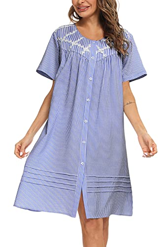 Aviier House Dress Women Short Sleeve Duster House Coat Robe Button Down Sleepwear (Xxl, Blue) #TOP1
