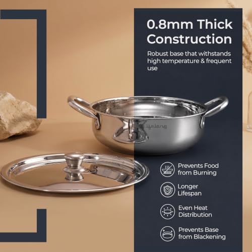 Image of Lifelong Stainless Steel Kadhai with Lid | 22 Cm, 2.2L | Induction Bottom, Riveted Handle, Durable Build, Even Heating, Scratch-Free, Dishwasher Safe | Ideal for Curries, Gravies & Deep Frying